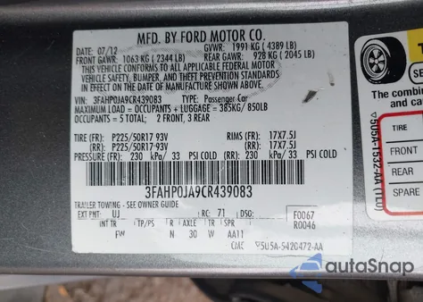2012 Ford Fusion Sel from USA, damaged, VIN 3FAHP0JA9CR439083